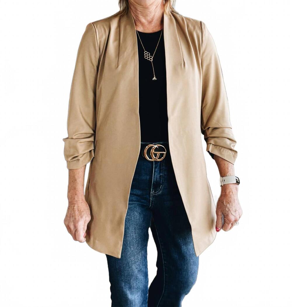 NEW THE WORKSHOP STUDIO the gentle power open-front blazer in khaki